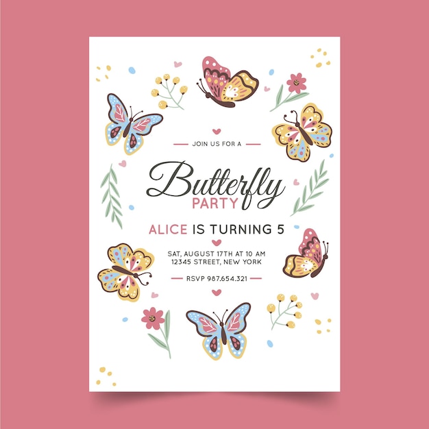 Free vector hand drawn butterfly birthday invitation template