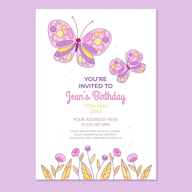 Hand drawn butterfly birthday invitation template