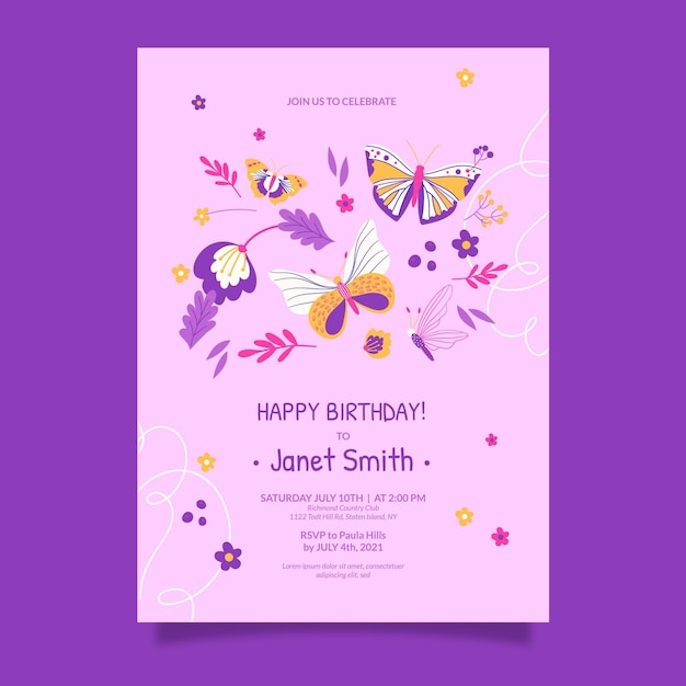 Hand drawn butterfly birthday invitation template