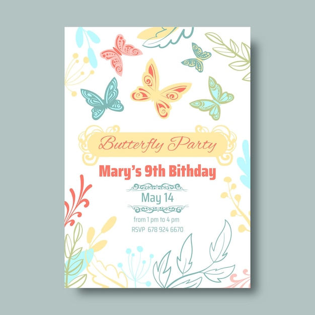 Free vector hand drawn butterfly birthday invitation template