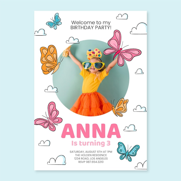 Free vector hand drawn butterfly birthday invitation with photo template