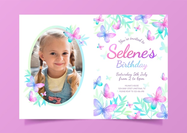 Hand drawn butterfly birthday invitation with photo