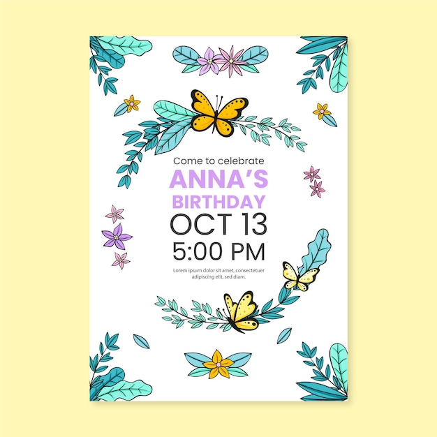 Free vector hand drawn butterfly birthday invitation