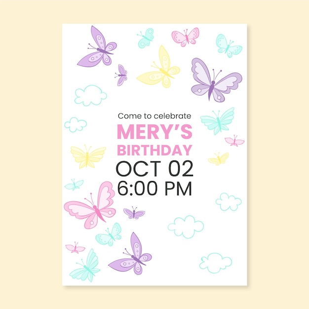 Free vector hand drawn butterfly birthday invitation