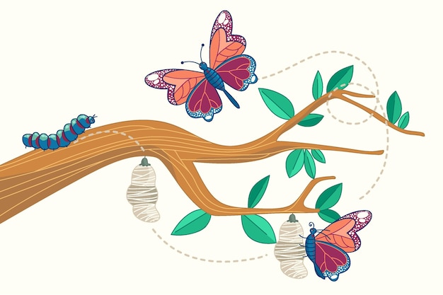 手描きの蝶のライフサイクル