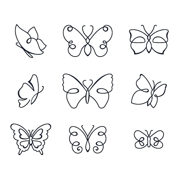 手描きの蝶のアウトラインセット