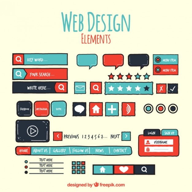 Vettore gratuito disegnati a mano pulsanti e altri elementi del sito web