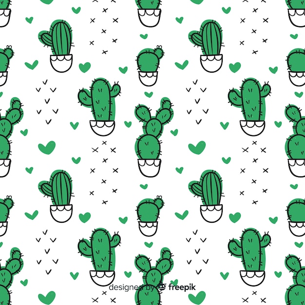 Free vector hand drawn cactus and hearts pattern