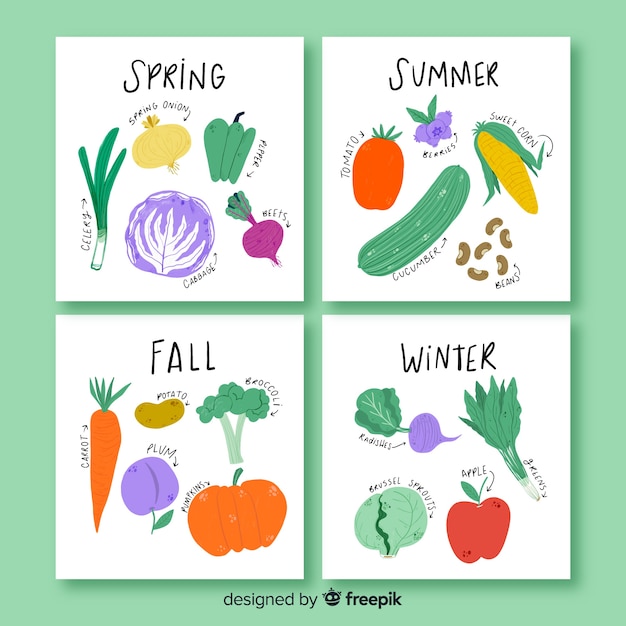 Vettore gratuito calendario disegnato a mano di frutta e verdura di stagione