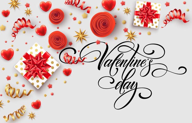 Vettore gratuito calligrafia disegnata a mano lettering buon san valentino. confezione regalo colorata, fiocchi e nastri. illustrazione vettoriale eps10