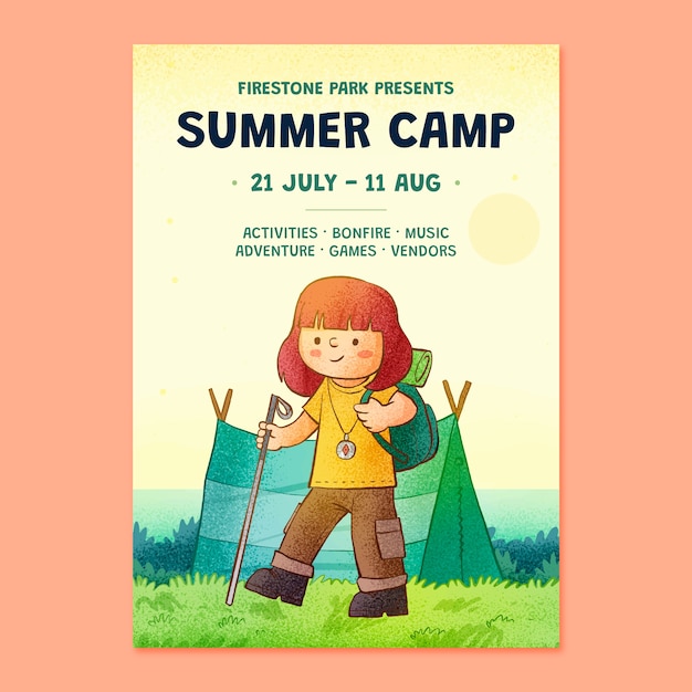 Бесплатное векторное изображение Нарисованный рукой шаблон плаката лагеря для летнего сезона