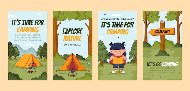 Free vector hand drawn camping adventure instagram stories