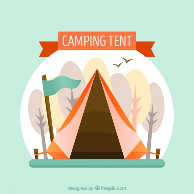 플래그와 함께 손으로 그린 캠핑 텐트