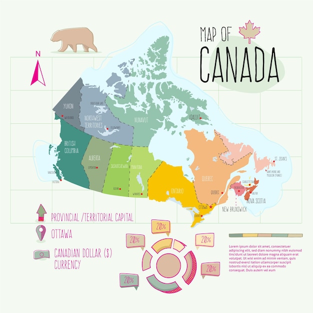 Vettore gratuito mappa disegnata a mano canada infografica