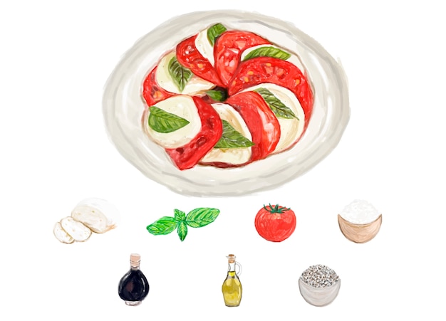 Disegnato a mano stile acquerello insalata caprese