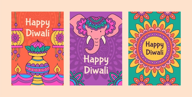 Collezione di carte disegnate a mano per la celebrazione del festival di diwali