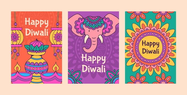 Hand drawn cards collection for diwali festival celebration