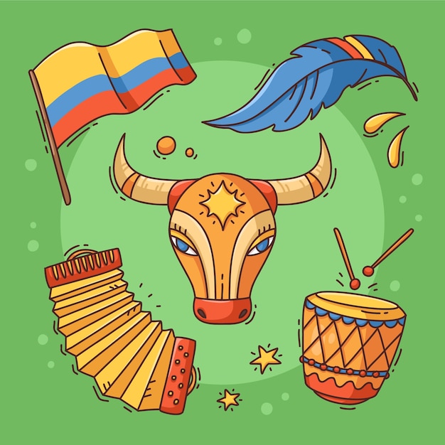 Бесплатное векторное изображение Коллекция дизайнерских элементов карнавала де барранкилья, нарисованная вручную