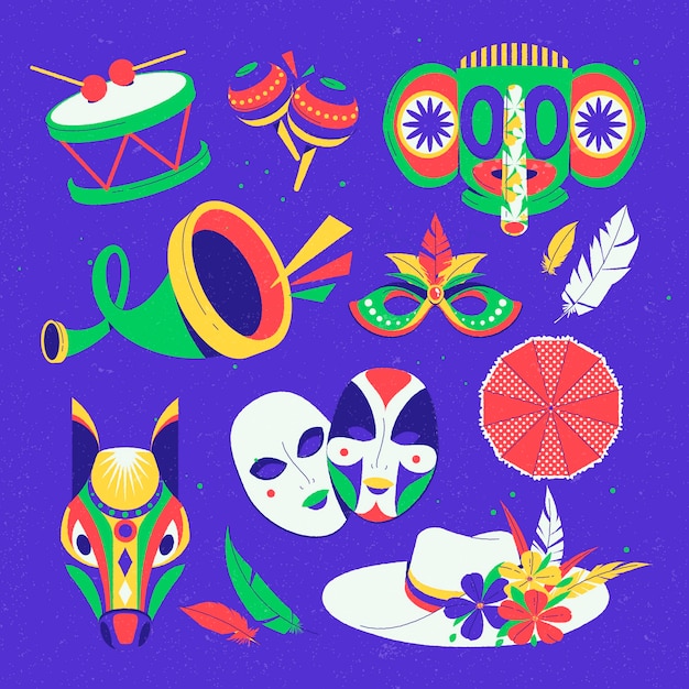 Бесплатное векторное изображение Коллекция элементов карнавала де барранкилья, нарисованная вручную