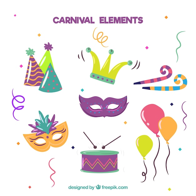 Raccolta di elementi di carnevale disegnati a mano