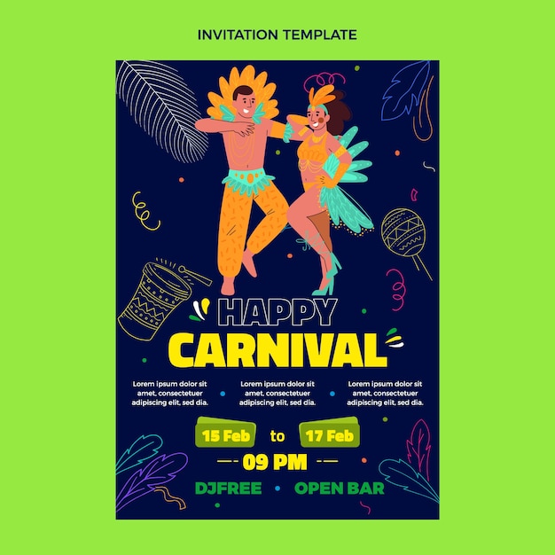 Бесплатное векторное изображение Ручной обращается шаблон приглашения карнавал