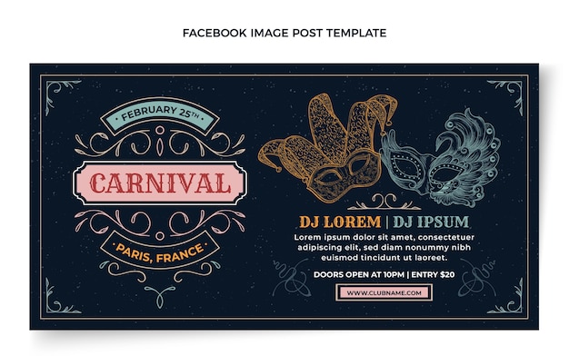 Modello di post sui social media di carnevale disegnato a mano