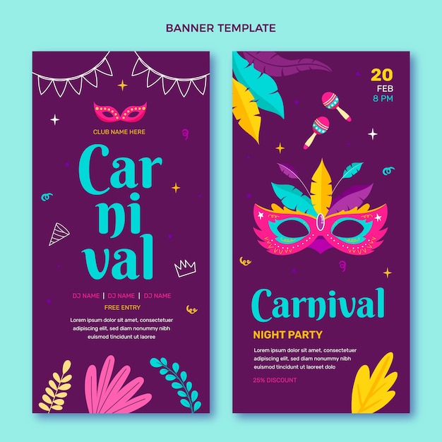 Vettore gratuito set di banner verticali di carnevale disegnati a mano