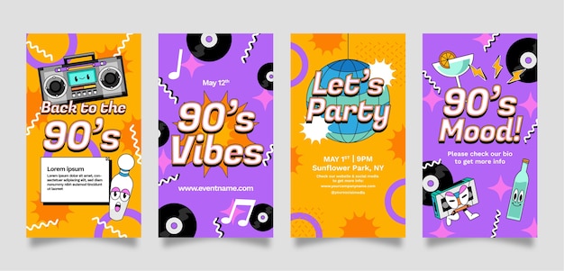 Hand drawn cartoon 90s party instagram stories