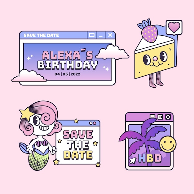 Free vector hand drawn cartoon 90s party label collection