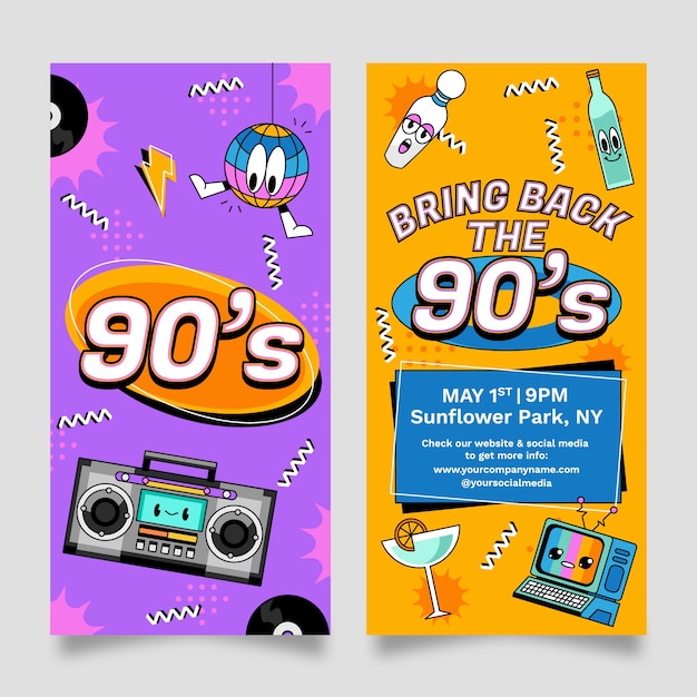 Hand drawn cartoon 90s party vertical banners