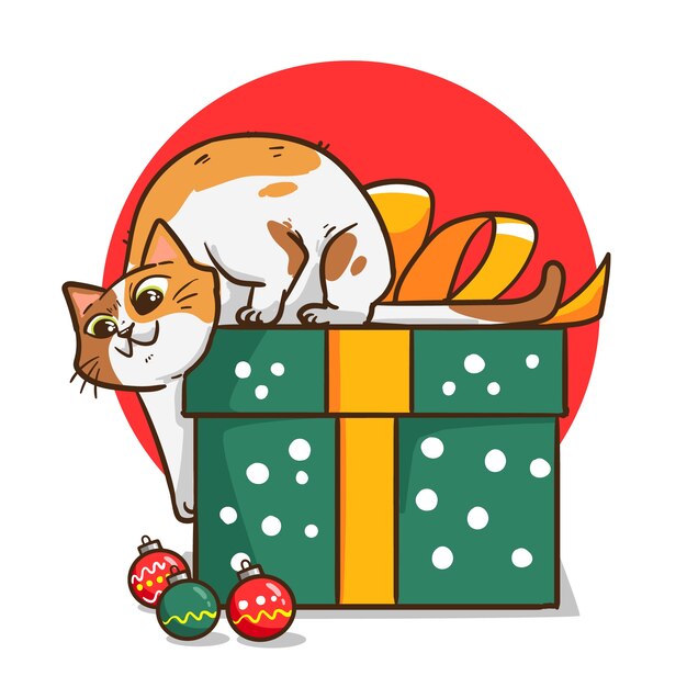 クリスマスシーズンのお祝いのための手描き漫画猫イラスト