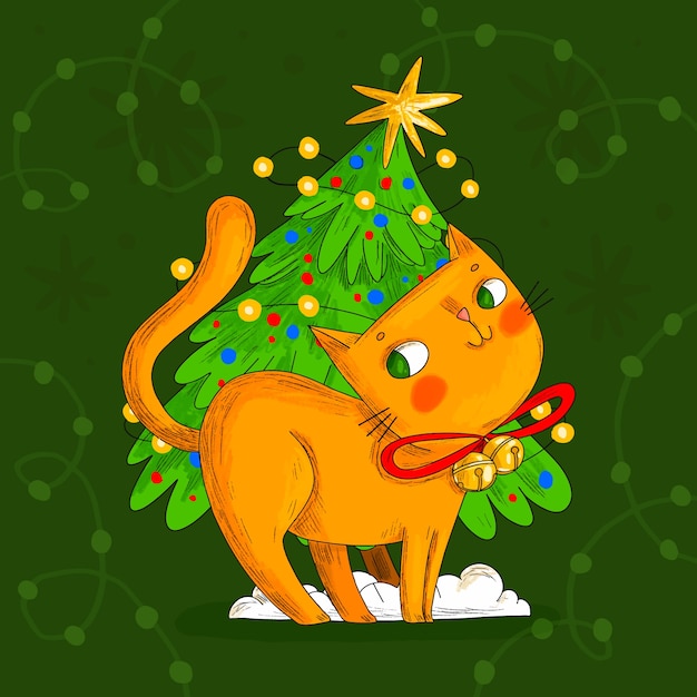 Free vector hand drawn cartoon cat illustration for christmas season celebration