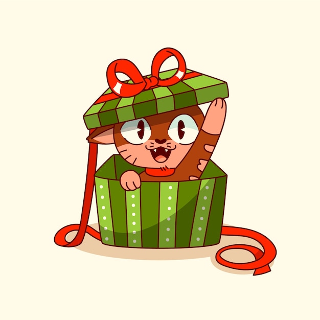 Бесплатное векторное изображение Нарисованная рукой иллюстрация кота шаржа для празднования рождественского сезона