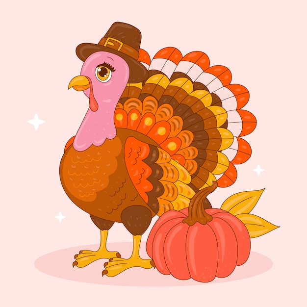 Hand drawn cartoon character illustration for thanksgiving with turkey and pumpkin