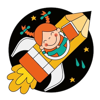 Hand drawn cartoon child  in a pencil rocket