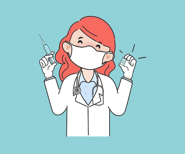 Hand drawn cartoon doctor woman presenting a vaccine and syringe