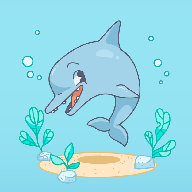 Нарисованная рукой иллюстрация дельфина шаржа