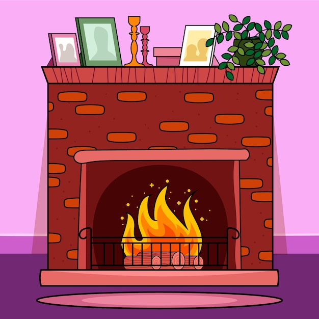 Hand drawn cartoon fireplace illustration