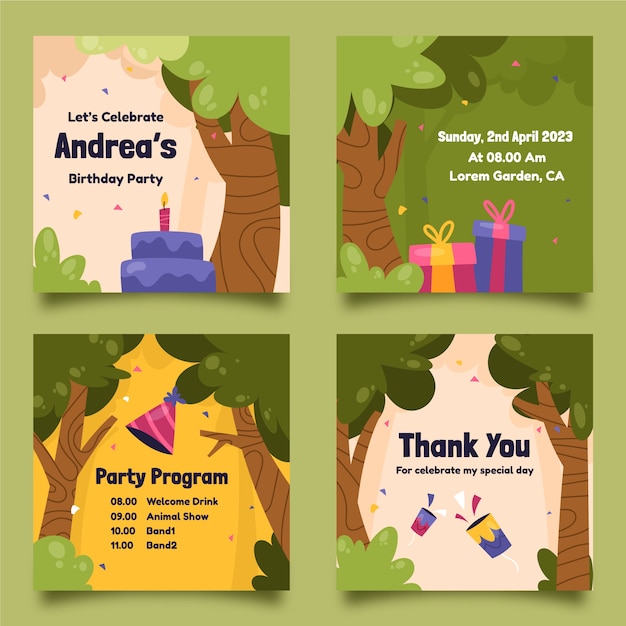 Free vector hand drawn cartoon jungle birthday party instagram posts collection