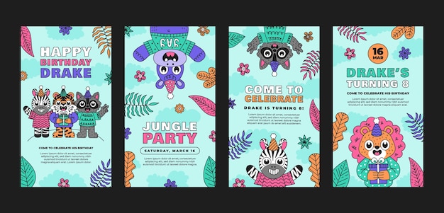 Hand drawn cartoon jungle birthday party instagram stories collection