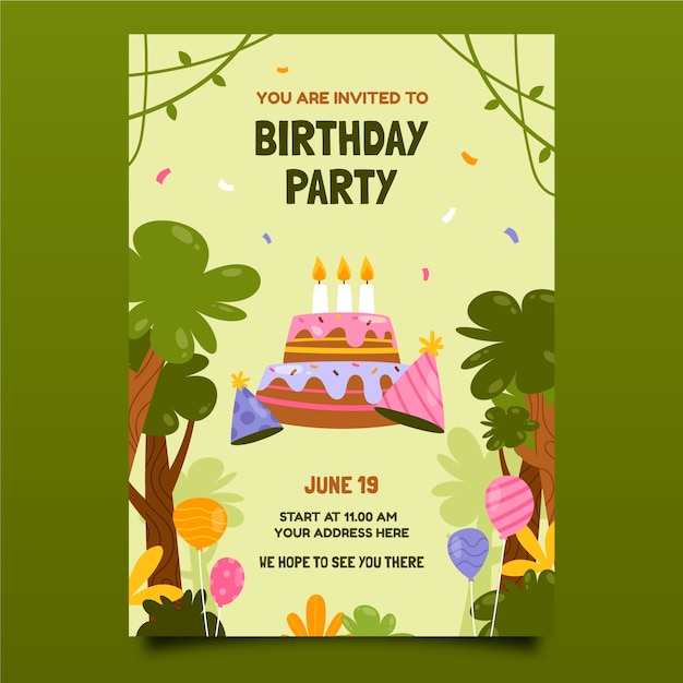 Hand drawn cartoon jungle birthday party invitation template