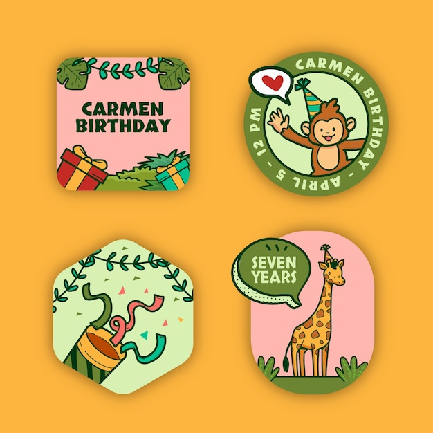 Hand drawn  cartoon jungle birthday party labels