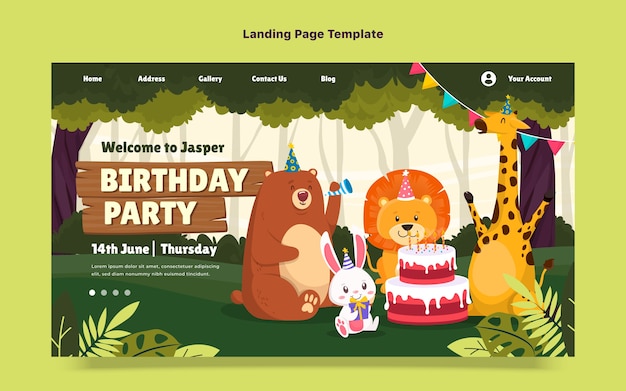 Free vector hand drawn cartoon jungle birthday party landing page template