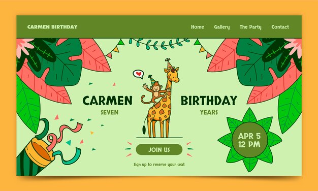 Hand drawn  cartoon jungle birthday party  landing page