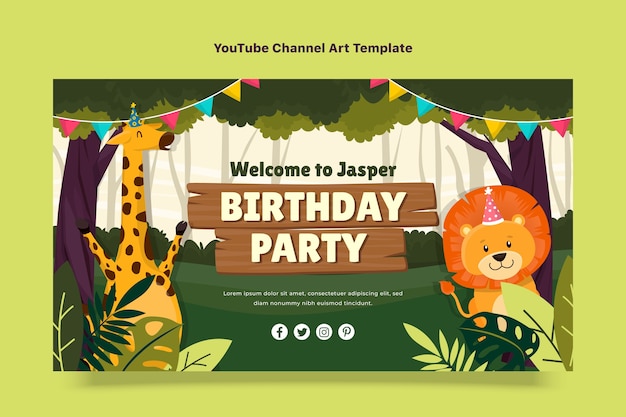 Free vector hand drawn cartoon jungle birthday party youtube channel art