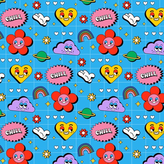 Hand drawn cartoon pattern with flowers