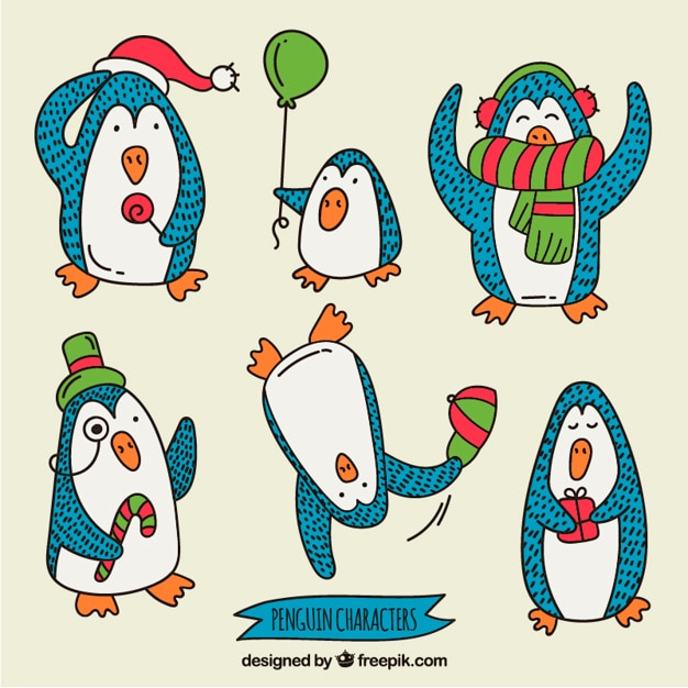 Free vector hand drawn cartoon penguins christmas