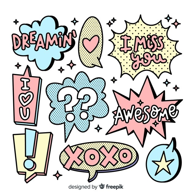 Hand drawn cartoon speech bubbles with variety of messages