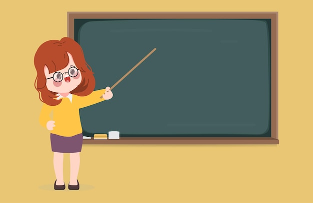 Hand drawn cartoon teacher teaching at blackboard in the classroom background.