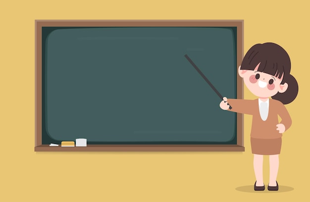 Free vector hand drawn cartoon teacher teaching at blackboard in the classroom background.